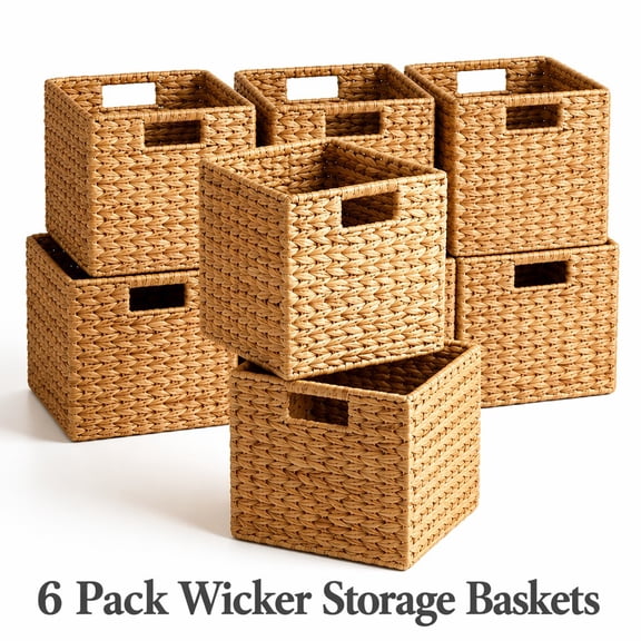 TACWILY 6-Pack Wicker Storage Baskets, 10.5" Woven Water Hyacinth Bins with Handles for Shelves & Pantry – Natural