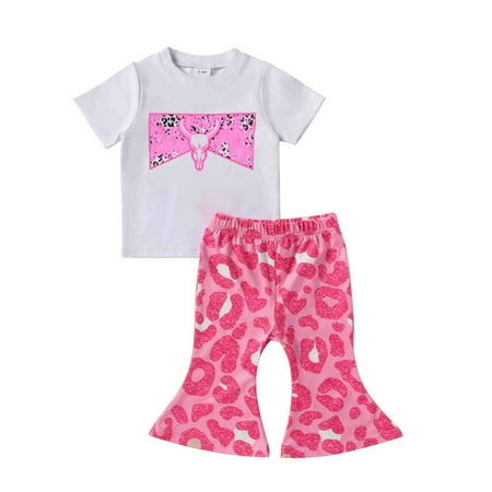 

Toddler Girls Suit Cow Printed Short Sleeve Rose Red Leopard Printed Flared Pants Summer Clothing Outfits Sets Baby Fashion Dailywear Child Clothing
