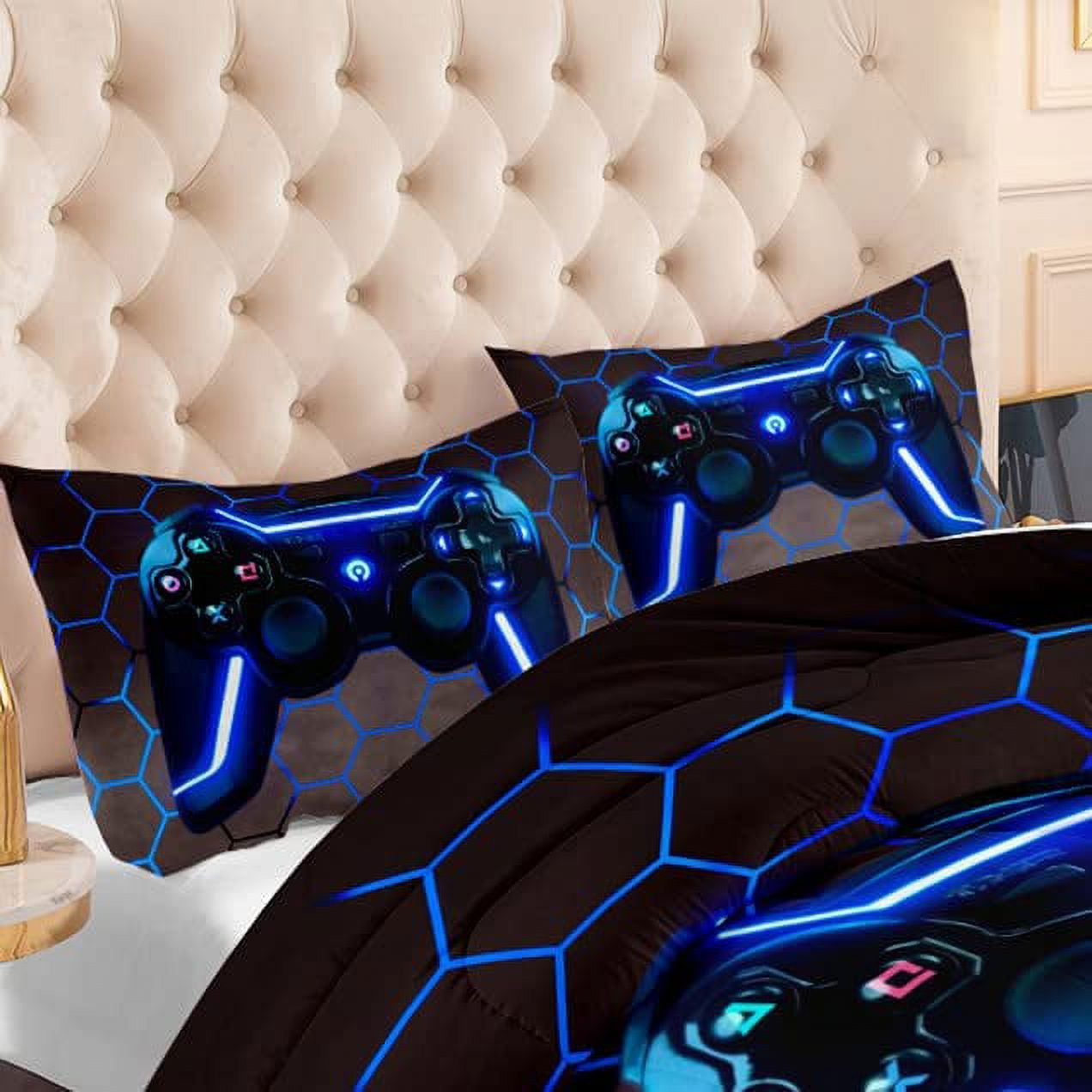 Gamer Bedding Set Queen Size Boys Playroom Decoration Duvet Cover Set Gamepad Duvet Cover Soft Microfiber Blue Button with Controller 1 Quilt Cover + 2 Pillowcases