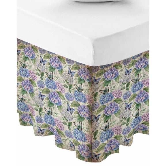 Purple Hydrangea Bed Skirt King Size 18 Inch Drop, Wrap Around Bed Skirts, Spring Floral Elegant Pastoral Vintage Elastic Bedskirt Pleated Bed Frame Cover Luxurious Dust Ruffle for King Bed