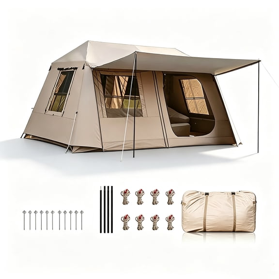 5-8 Person Automatic Instant Camping Tent, 13x9x6ft 2-Room 1-Hall Silver Coated 210D Oxford Tent with Front Awning, Powder-Coated Steel Poles for Beach, Mountain & Backyard Camping