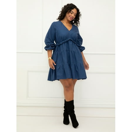 ELOQUII Elements Women's Plus Size Easy Tiered Dress With Ruffle