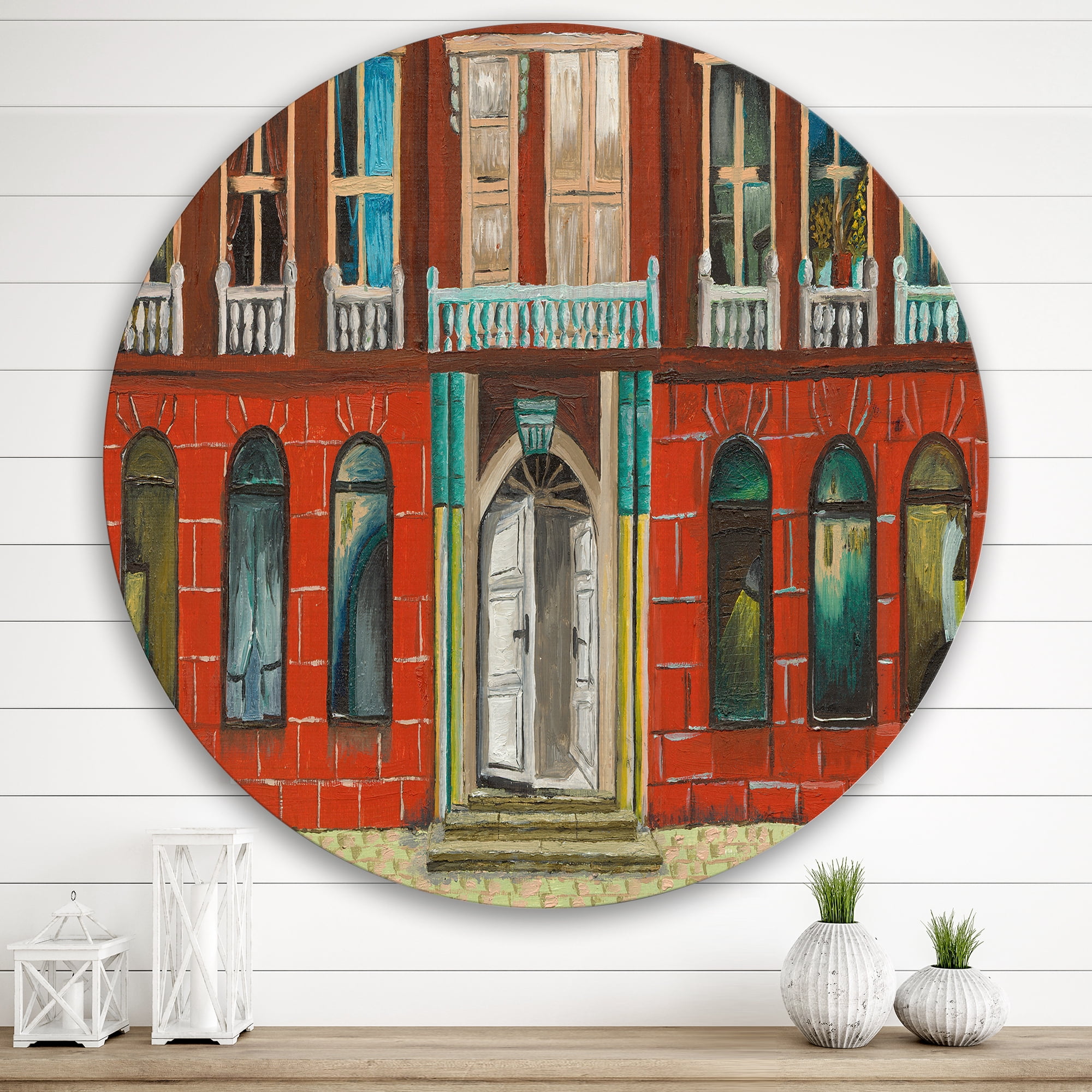 Designart 'Vintage Red Facade of Shop In Paris II' French Country Circle Metal Wall Art 29x29 - Disc of 29
