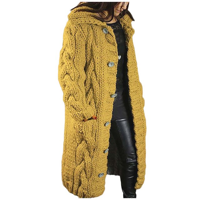 JUNWELL Long Sweaters Cardigan for Women Open Front Long Sleeve Plus Size Hooded Cardigans Chunky Cable Knit Duster Cardigans with Pockets Winter Coat