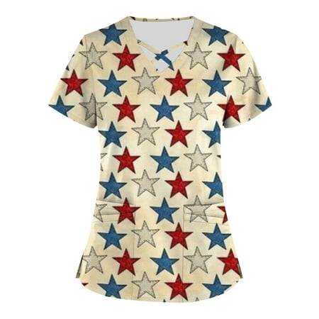

Apepal Plus Size Printed Scrub Working Uniform Scrub Tops for Women Cross V-Neck Short Sleeve Fun T-shirt Tee with Pockets
