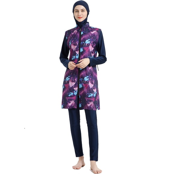 2021 Muslim Swimwear Women Modest Patchwork Hijab Long Sleeve Sport Swimsuit 3PCS Islamic Burkini Wear Bathing Suit