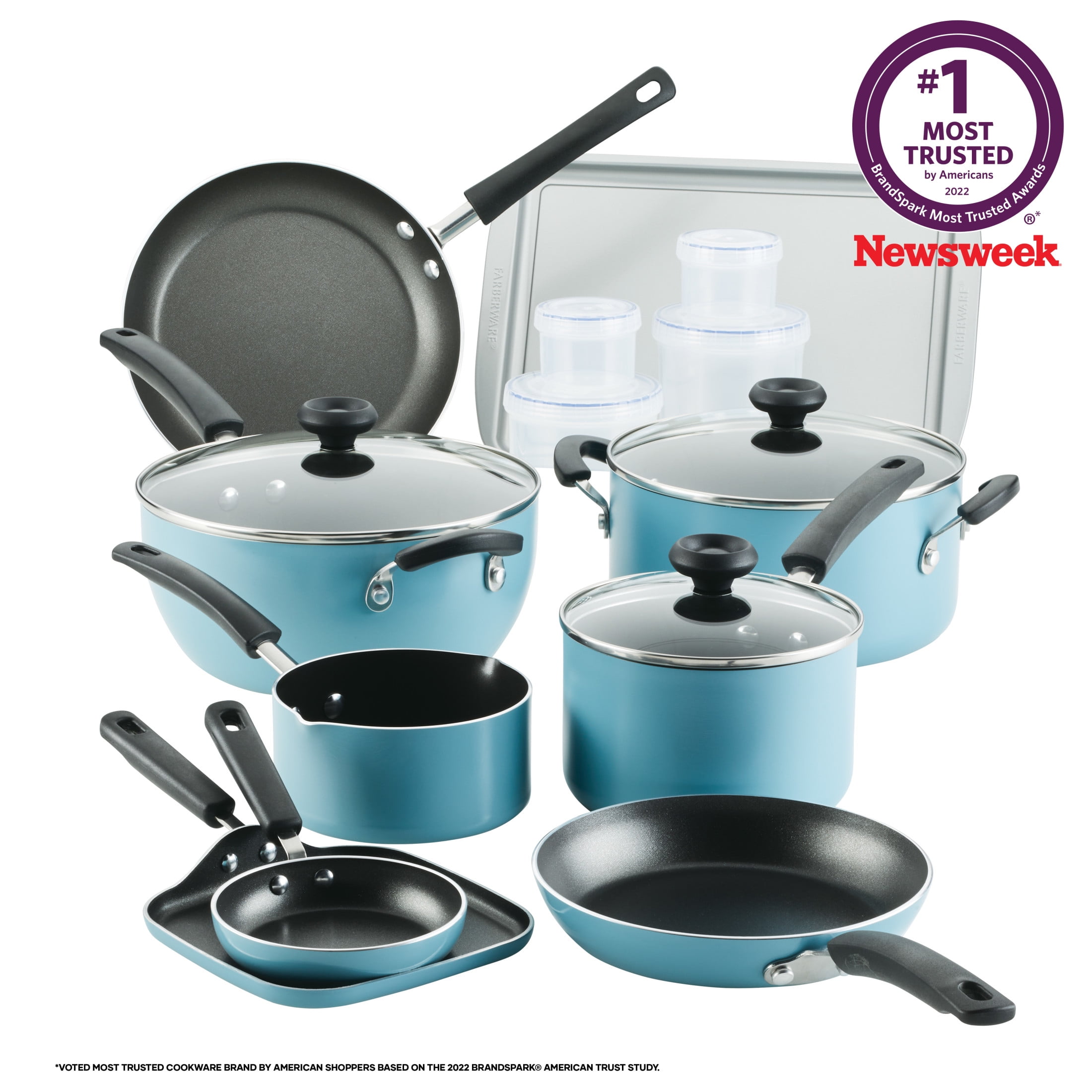 Farberware 20 Pc Easy Clean Aluminum Nonstick Cookware Pots and Pans Set, Aqua