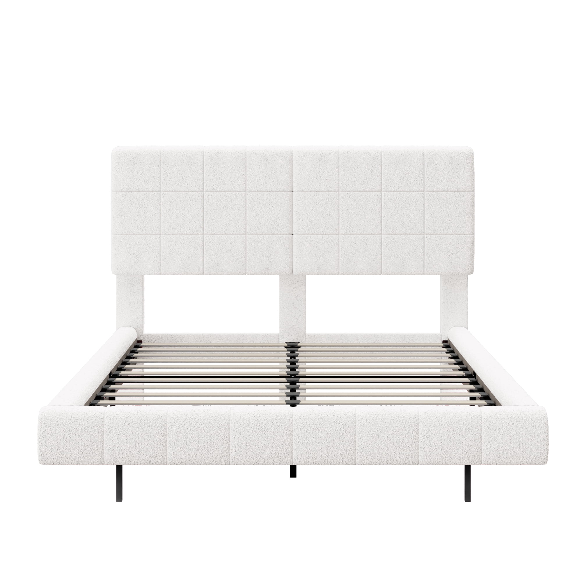 Mintazer Queen Size Floating Upholstered Platform Bed Frame with Grid Tufted Headboard and LED Lights, Boucle Fabric Bed for Bedroom, No Box Spring Needed, White
