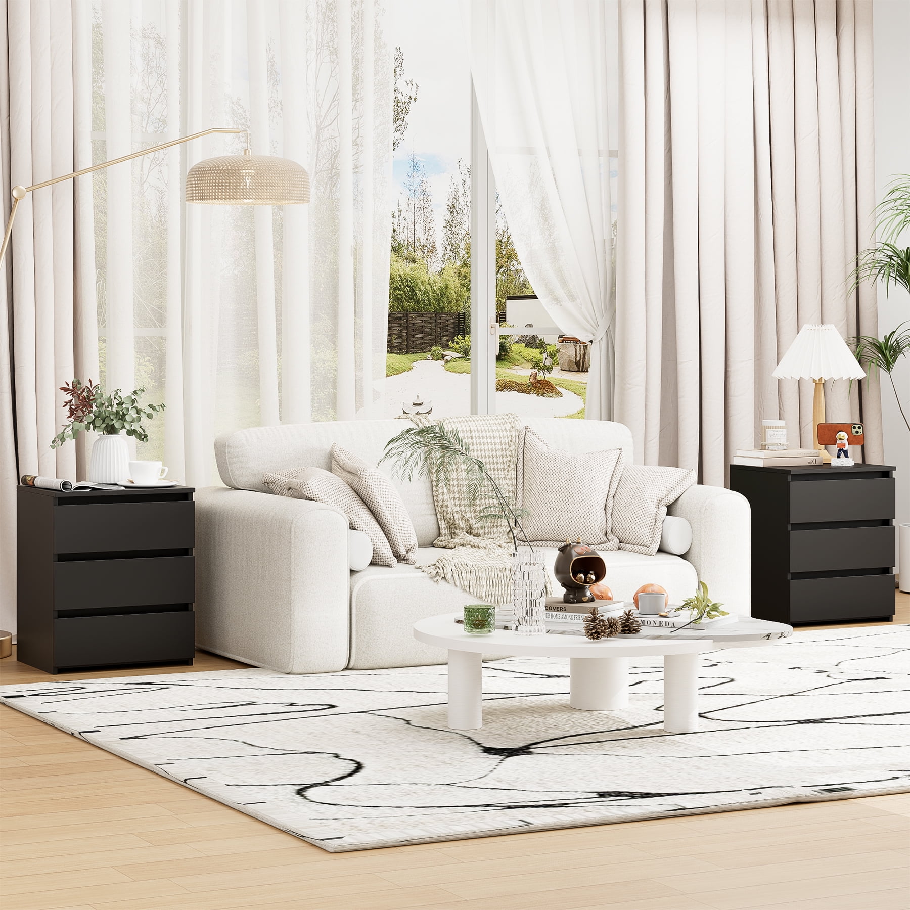 Homfa 3 Drawers Nightstand, Small Sofa Table, Wooden Storage Cabinet for Living Room, Black Finish