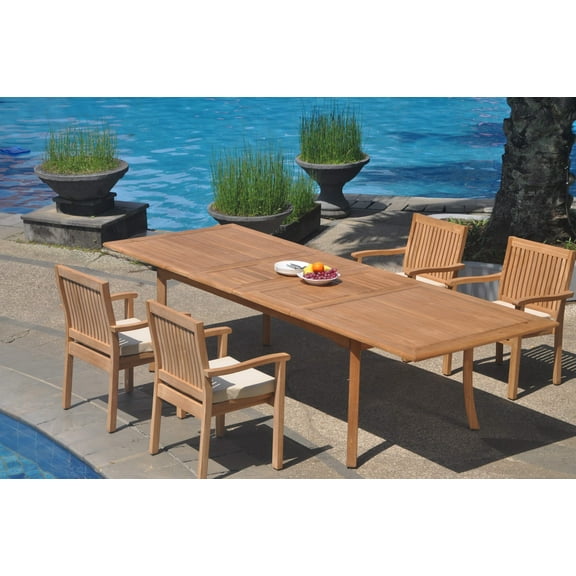 Grade-A Teak Dining Set: 4 Seater 5 Pc: 118" Double Extension Rectangle Table And 4 Leveb Stacking Arm Chairs Outdoor Patio WholesaleTeak #WMDSWVm