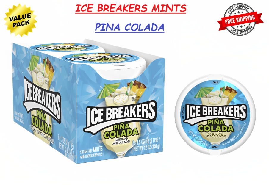 ICE BREAKERS Piña Colada, Sugar Free Mints, 1.5Ounce Tins, (8 Count