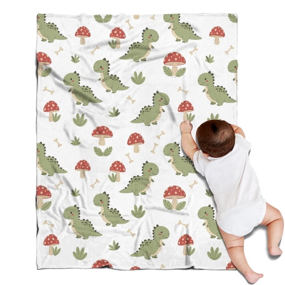 White Cartoon Dinosaurs Mushrooms Pattern Blanket,Comfortable Soft Flannel Throw Blanket,All Season,Warm Lightweight Blankets for Sofa Bed Couch Living Room Chair,30"x40"