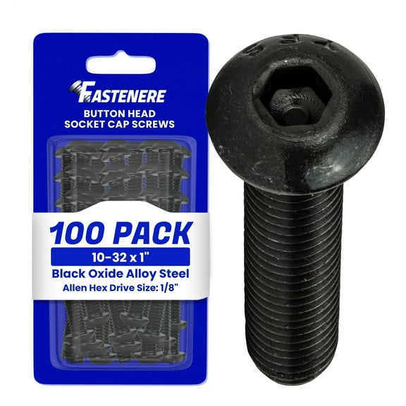 Fastenere Button Head Socket Cap Screws - 10-32 x 1" (100-Pcs) Alloy Steel, Fully Threaded, Fine Black Oxide Finish, Corrosion-Resistant, Machine Thread, Easy to Install w/ Allen Hex Drive