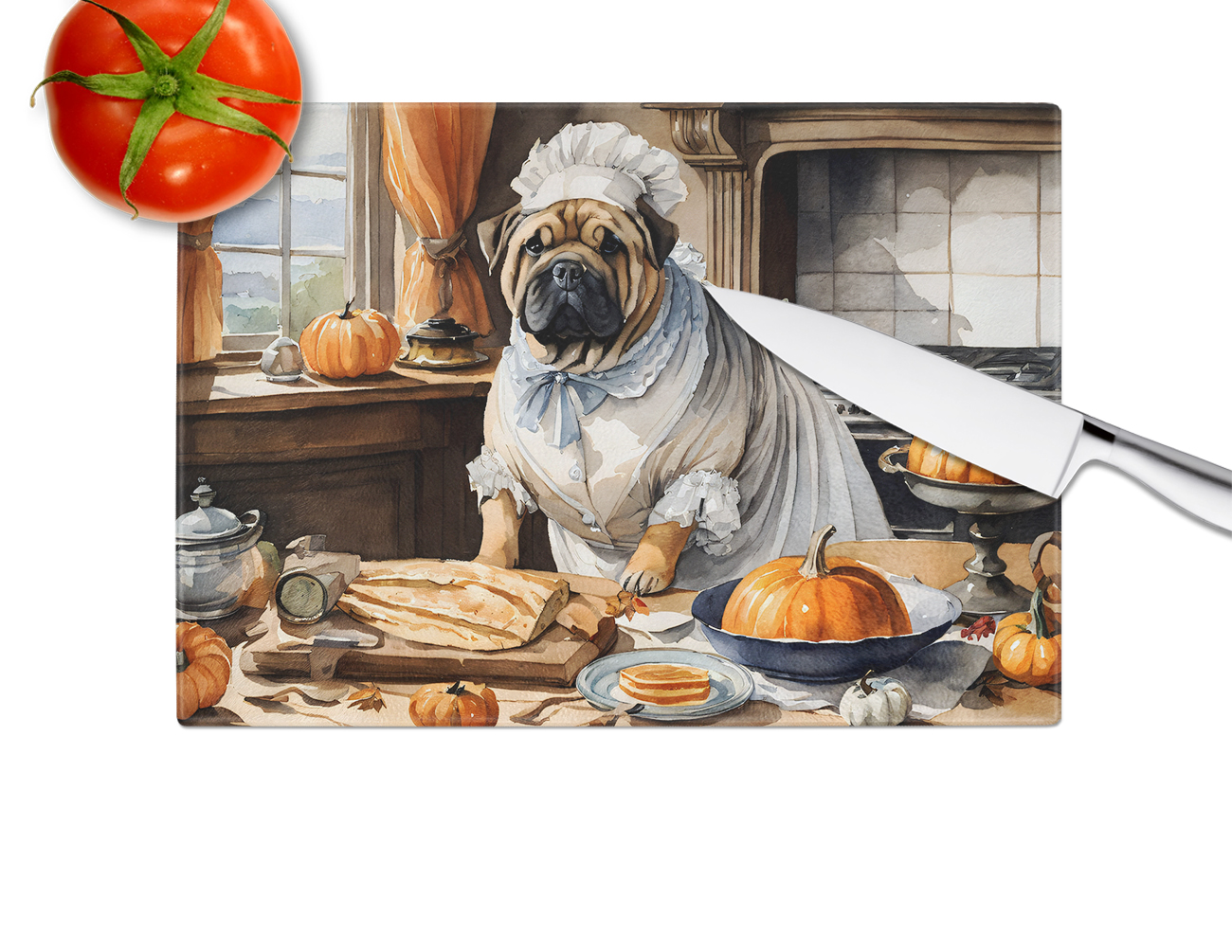 Shar Pei Fall Kitchen Pumpkins Glass Cutting Board Large 12 in x 15 in
