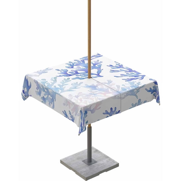 Outdoor Tablecloth with Umbrella Hole for Patio/Picnic/Party/Camping, Blue Ombre Coral Waterproof Table Cloth Square Cover Washable, Coastal Watercolor Summer 54"x 54"
