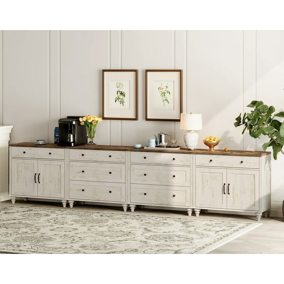Sideboard Cabinet with 8 Drawers and 4 Doors, Vintage Wood Grain Design, Buffet Cabinet with Storage, Coffee Bar for Dining Room, Kitchen and Living Room, Rustic White