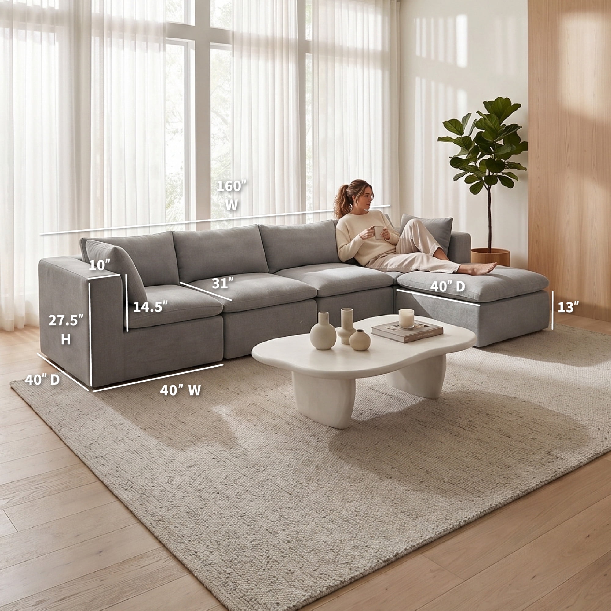 Big Joe Averra Sectional Couch for Living Room, 5 Piece Sofa, Cottage Gray