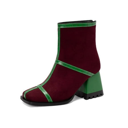 

Ferndule Women Chunky Heeled Winter Shoes Office Comfort Square Toe Dress Shoe Anti-Slip Block Heels Bootie Red 5