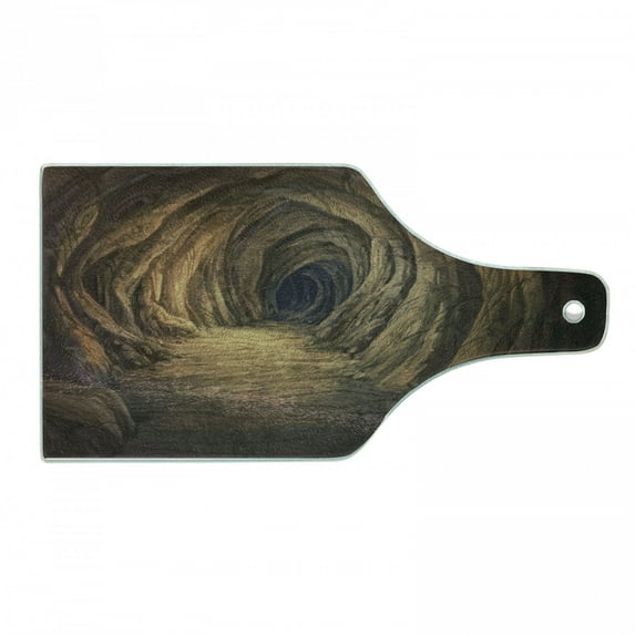 Cave Cutting Board, Geologic Formation in Digital Painting Style Subterranean Tunnel with a Gate, Decorative Tempered Glass Cutting and Serving Board, Wine Bottle Shape, Pale Brown, by Ambesonne