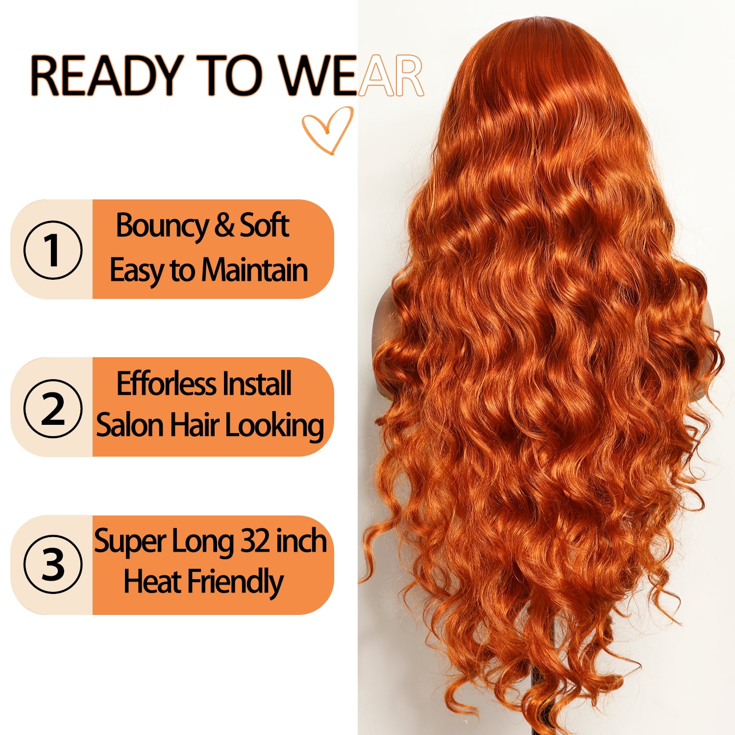 13x6 Lace Frontal Wig 32 Inch Ginger Body Wave Synthetic Pre Plucked with Baby Hair Transparent Swiss Lace Heat Friendly Cooper Lace Front Wigs for Women