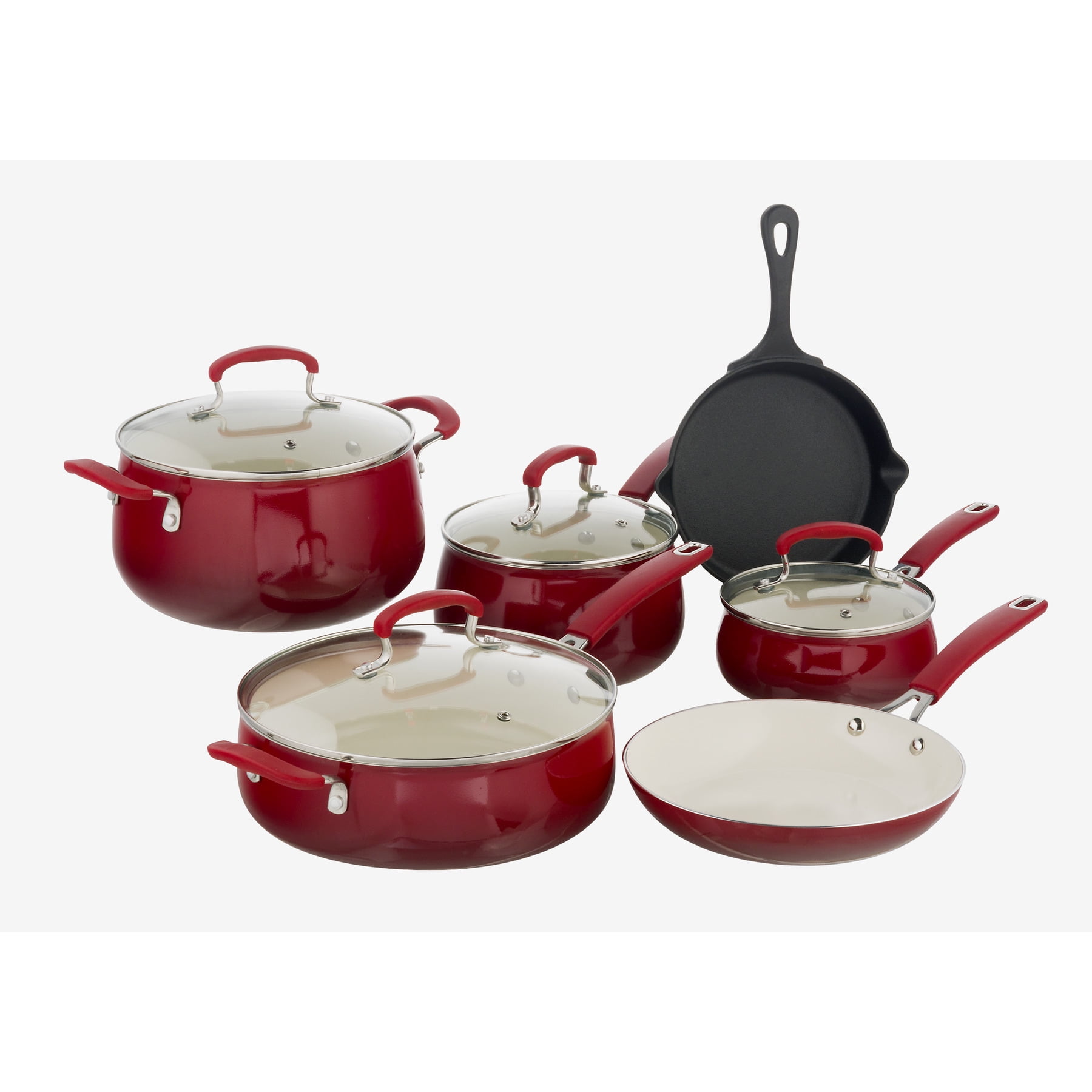 The Pioneer Woman Classic Belly 10 Piece Ceramic Non Stick And Cast Iron Cookware Set Red Walmart Com Walmart Com