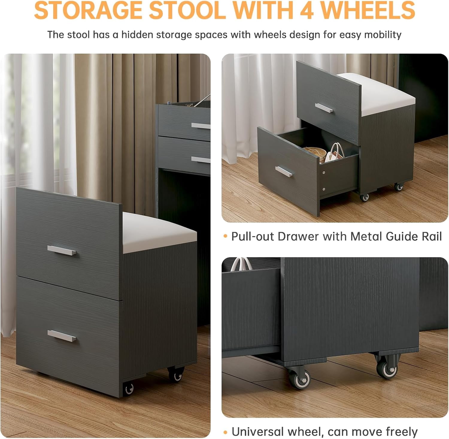 SELOOYE 3 in 1 Vanity Desk, Compact Vanity with 3 Drawers, Makeup Desk with Flip-up 3 Colors Lighting Mirror and Cushioned Stool, Small Vanities Nightstand Perfect for Bedroom, Grey