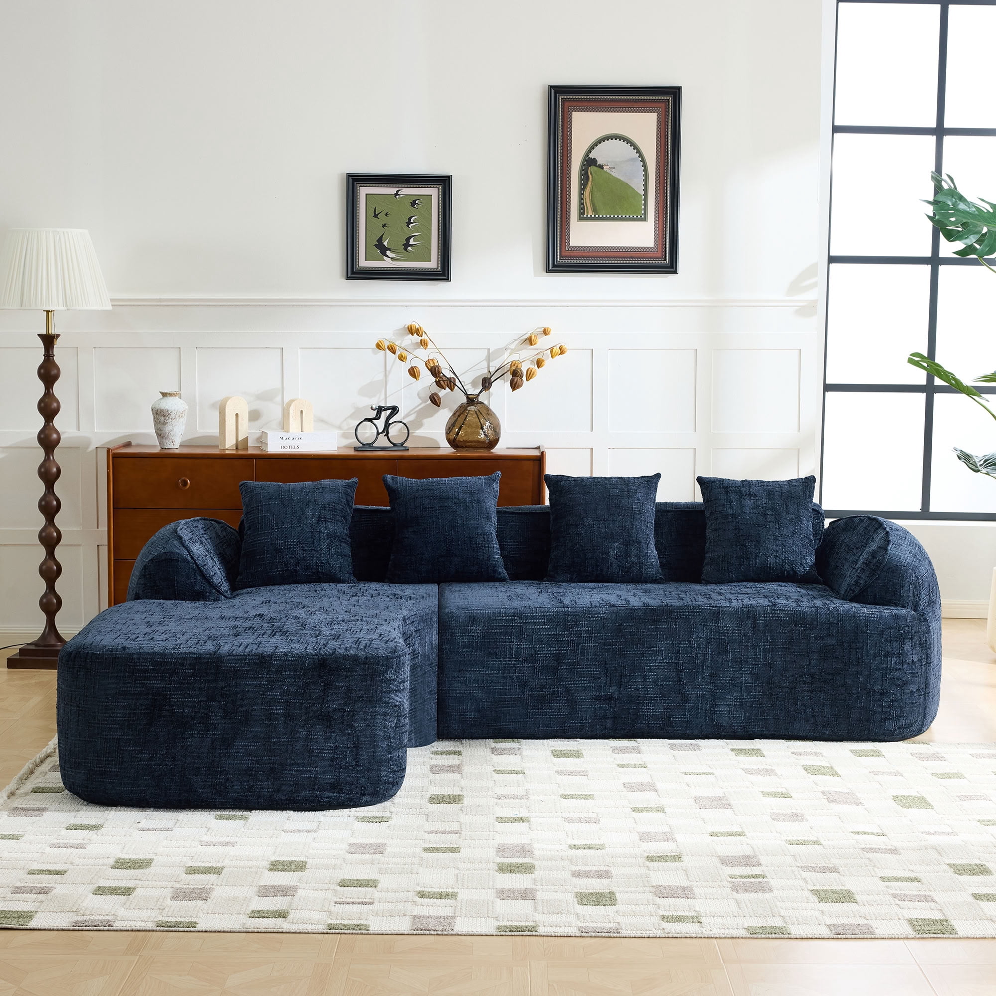 MAYEERTY L-Shaped Chenille Sectional Sofa with Chaise Lounge, 4-Seat Compressed Couch with 4 Throw Pillows, for Living Room Apartment Small Spaces