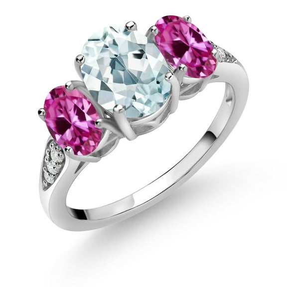 Gem Stone King 10K White Gold Sky Blue Aquamarine Pink Created Sapphire and White Lab Grown Diamond 3 Stone Engagement Ring for Women (2.24 Cttw, Gemstone Birthstone, Available in Size 5, 6, 7, 8, 9)