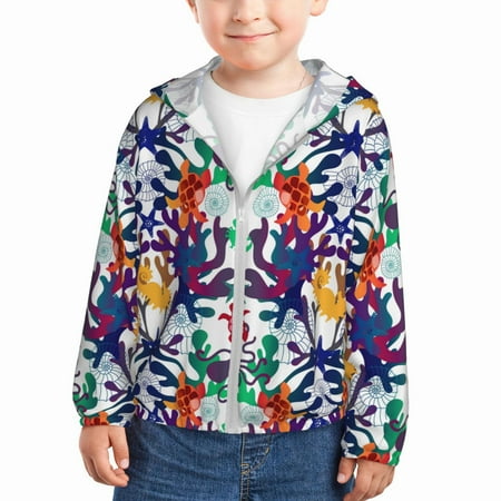 

Ocsxa Starfish And Turtle Print Kids Active Zipper Sun Protection Jacket Boys Girls Hooded Cooling Shirt-2 Years