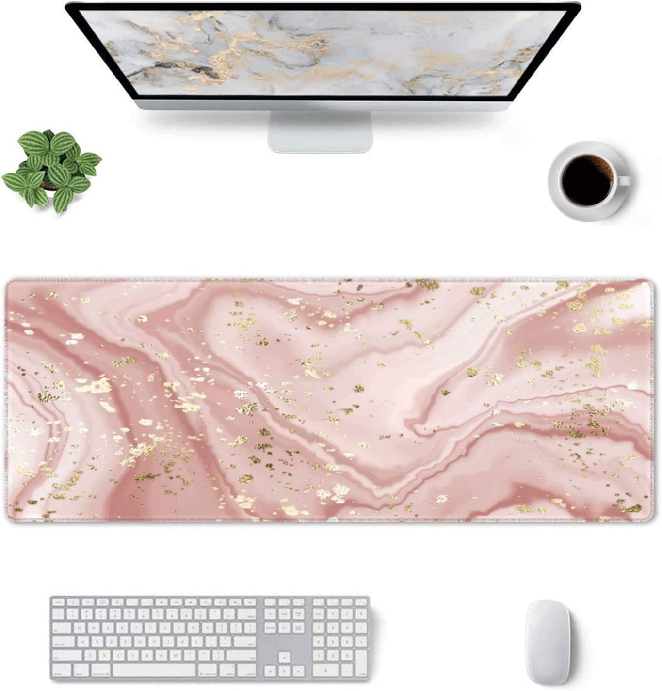 Marble XL Extended Mouse Pad with Stitched Edges, Cute Large Gaming Mousepad Desktop Mat, Funny Gifts Big Long Deskpad for Laptop, Keyboard, Computer for Women Office (Gold Splatter, 31.5 * 11.8 in)