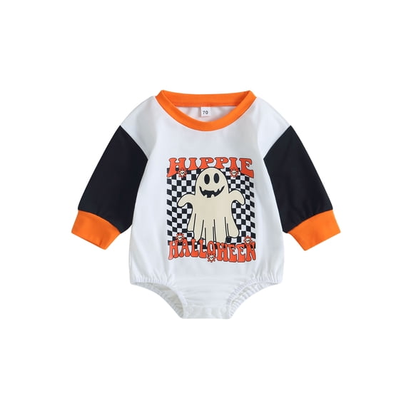 Wassery Baby Girls Boys Halloween Clothes 3 6 12 18 Months Infant Sweatshirts Rompers Pumpkin/Ghost Print Contrast Color Long Sleeve Jumpsuits 0-18 Months Fall Bodysuits