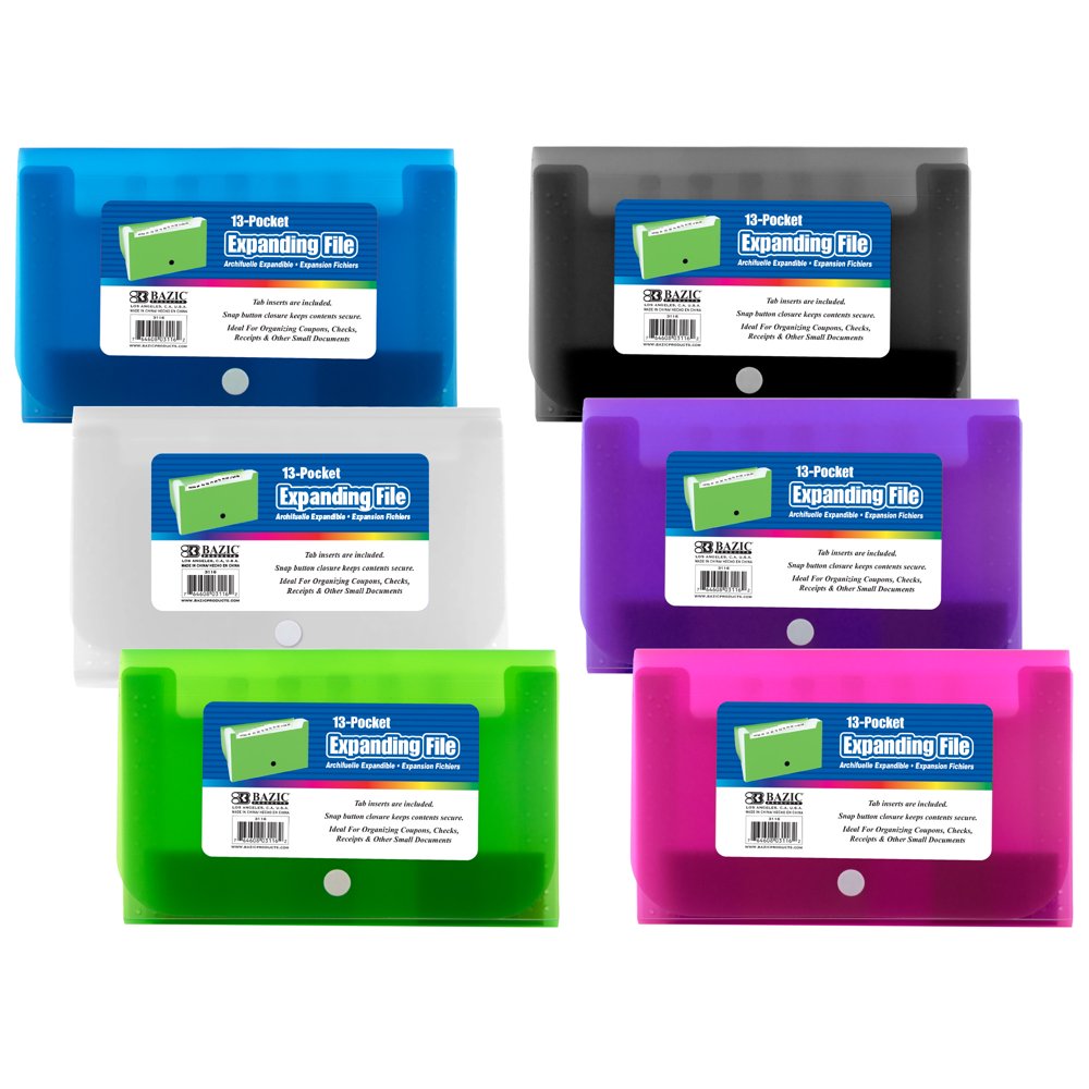 BAZIC Expanding File Folder 13 Pockets, Coupon Size Plastic File