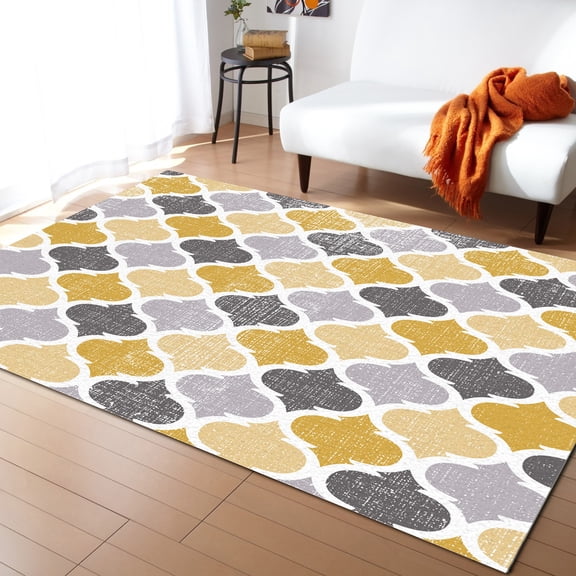 Area Rugs Indoor Non-Slip Rectangle Rug 5x7 Ft Moroccan Yellow Gray Geometric Retro Rug Rubber Backing Floor Mats Non Shedding Home Decor Carpet for Entryway Living Room