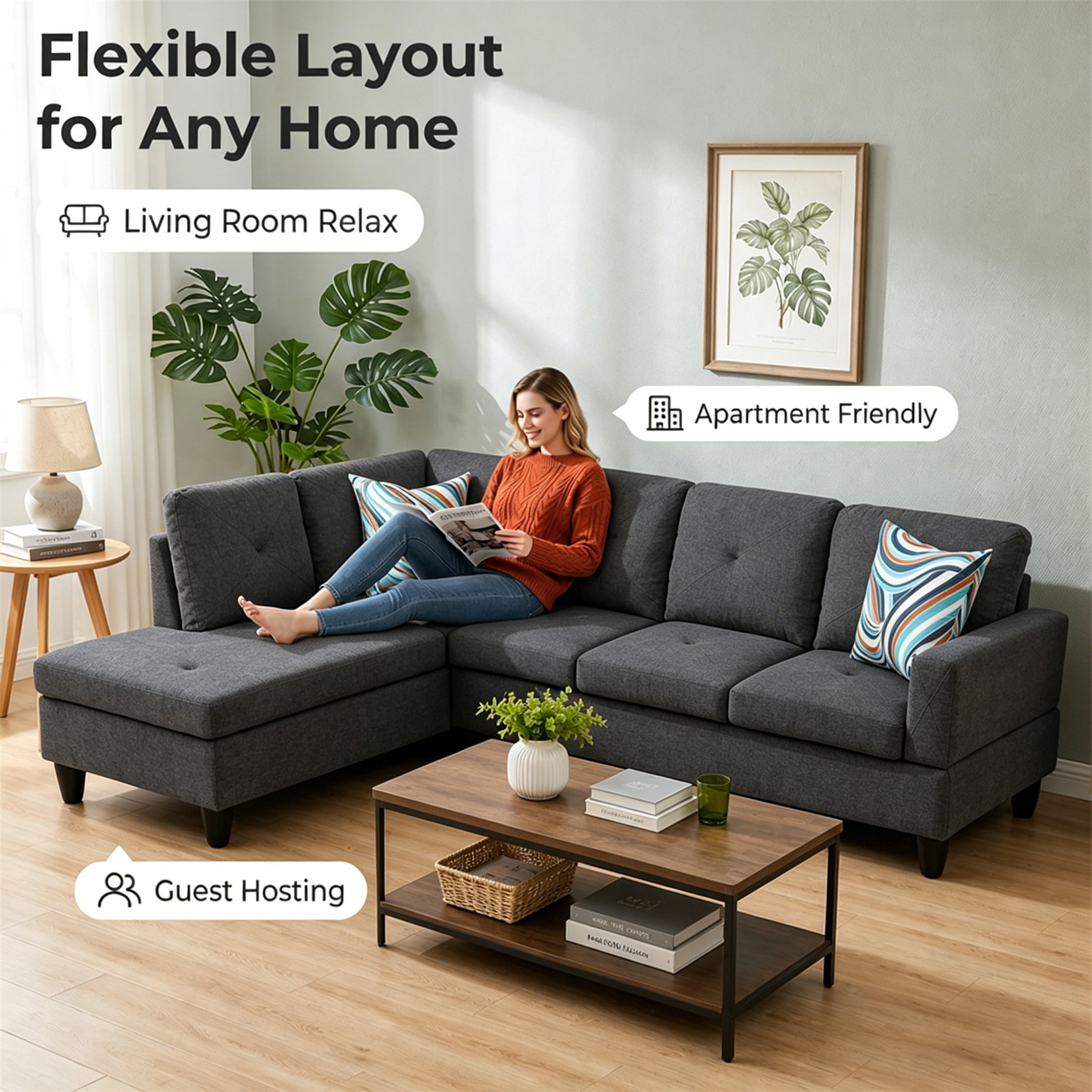 Aukfa 97" Classic Sectional Sofa 4 Seat L shape Couch for Living Room, 2Pillows, Oversized Left Chaise, Linen, Black Gray