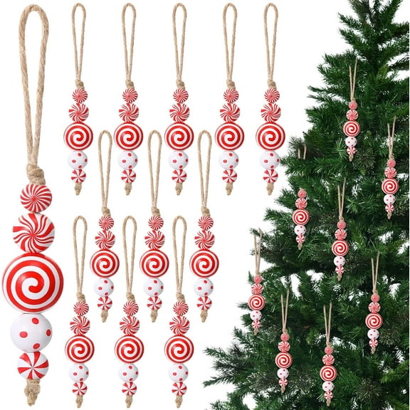 10 PCS Candy Cane Christmas Tree Ornaments Swirl Wooden Beads Elf Red Green White Candy Craft Beads Peppermint Hanging Decorations for Christmas Tree Xmas Home Decorative