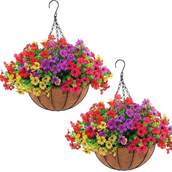 2 Sets of Artificial Hanging Baskets, 24 Simulated Flowers, with Metal Coconut Baskets, Suitable for Outdoor Spring and Summer Courtyard Decoration