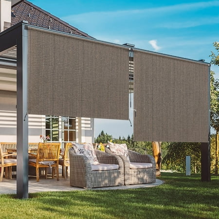 Summit Living Outdoor Patio Roller Sun Shade  Crank Operated Fabric Blind  Cordless Roll Up Shade  W 7 ft x H 6 ft  Coffee Color