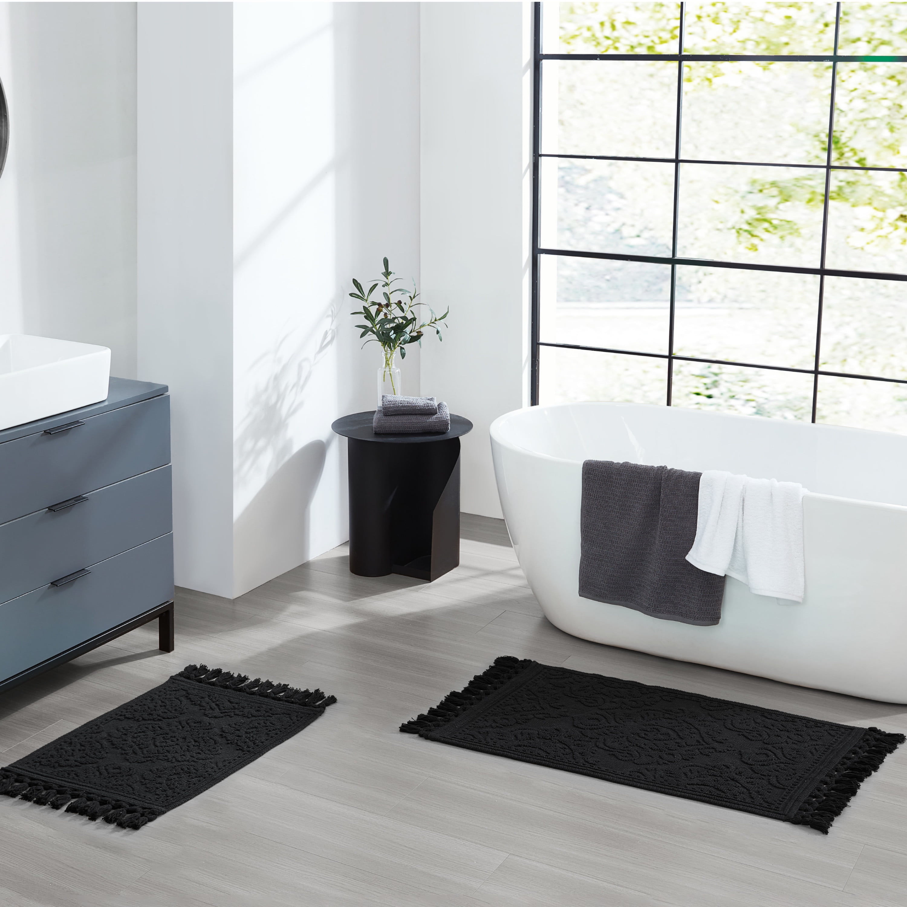 Jean Pierre Ricardo Cotton Fringe 2-Piece Bath Rug Set, Black