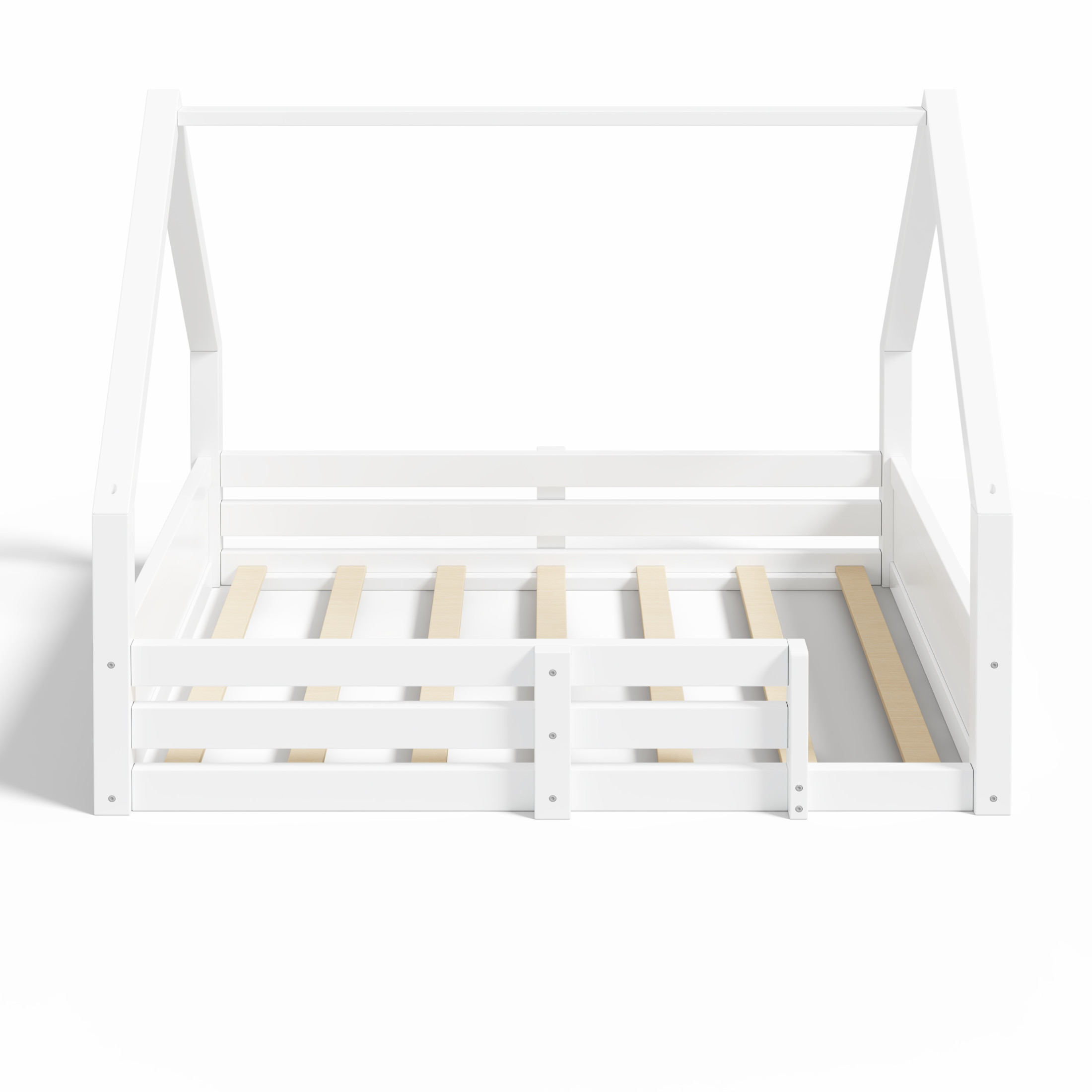 Noble House Salma Full Size House Floor Wooden Bed with Roof Frame & Grooved Panels, Safety Guardrails, White