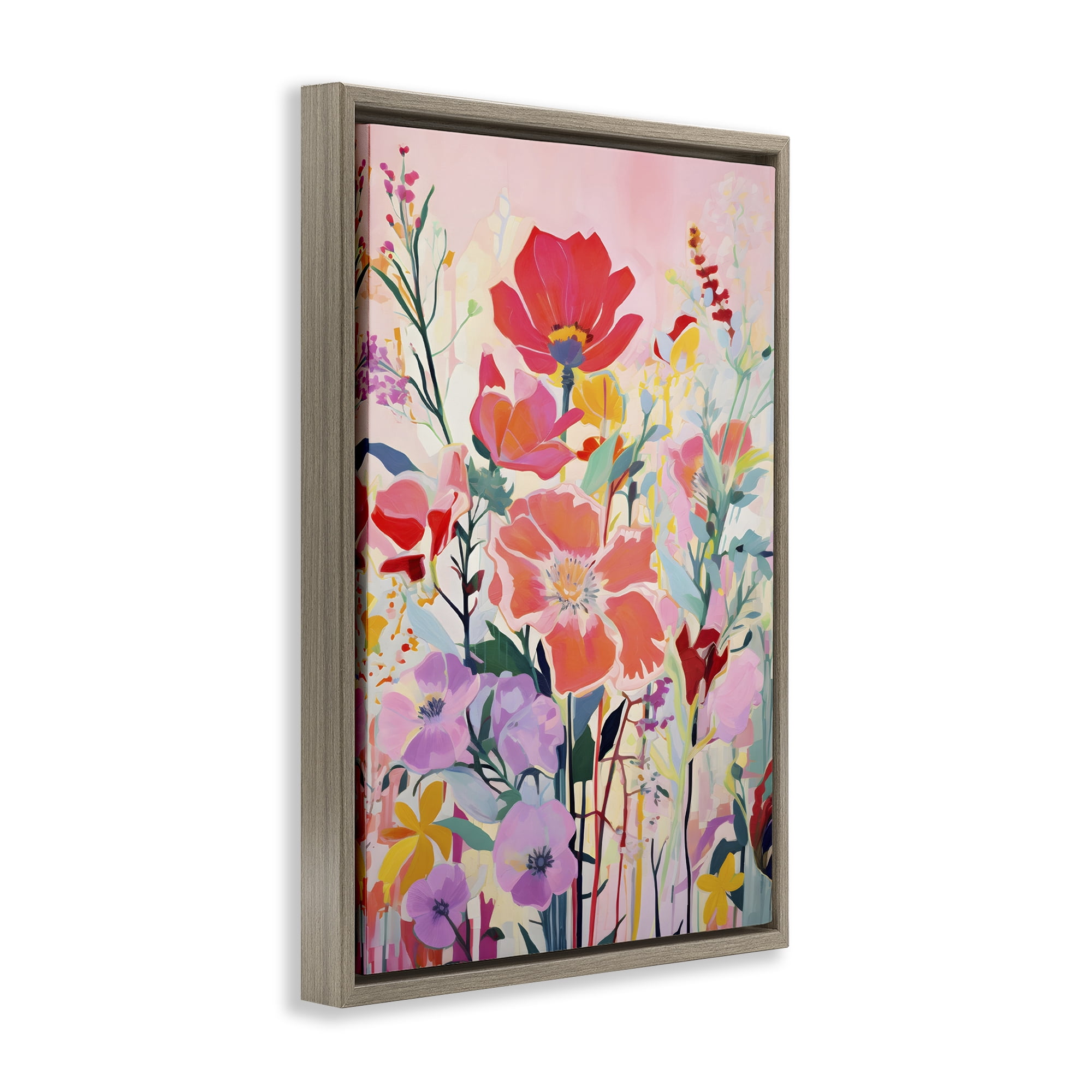Stupell Industries Abstract Flowers on Pink Plants & Flowers Painting Brown Floater Framed Canvas Art Print Wall Art, 21 x 31