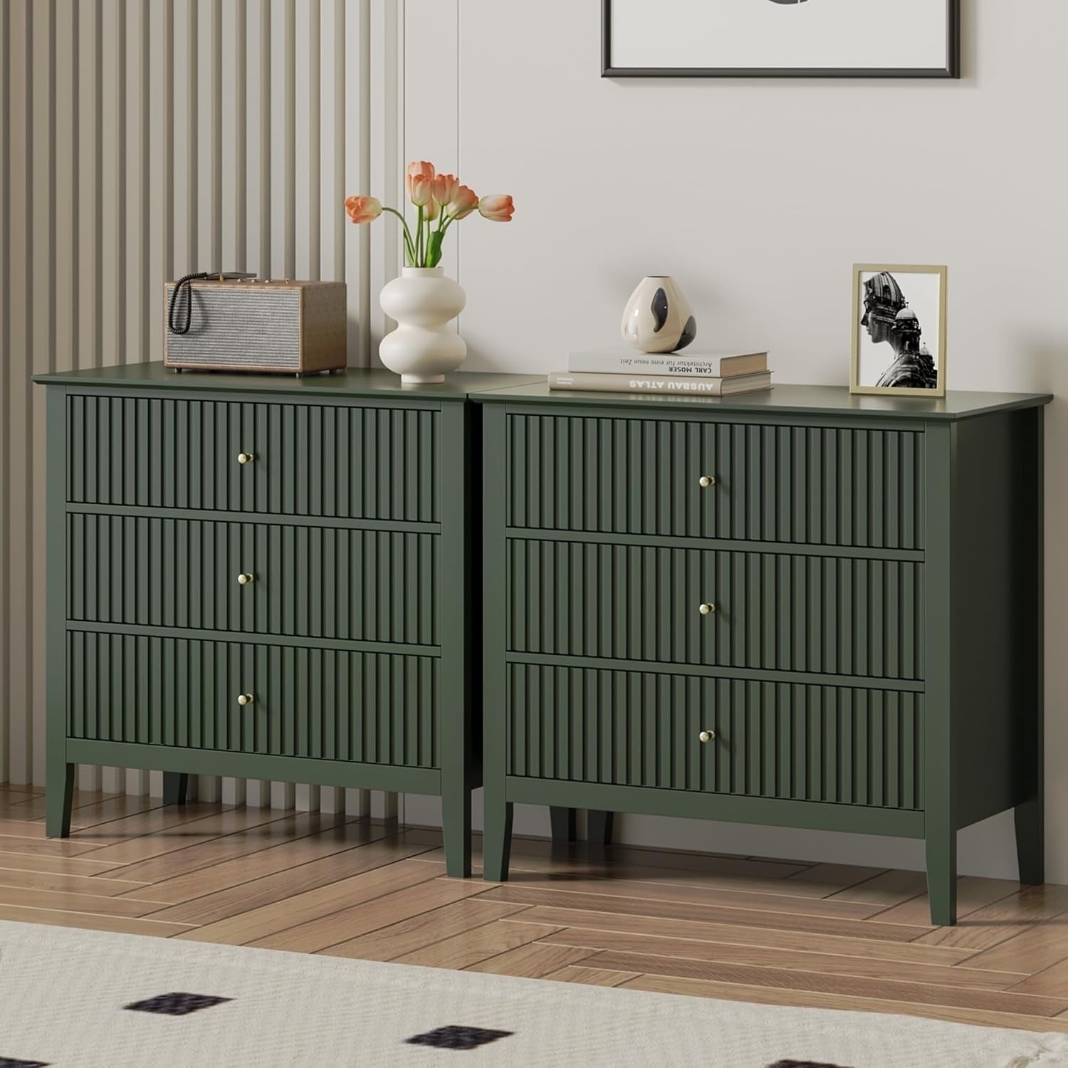 RoyalCraft 3-Drawer Dresser, Fluted Green Chest with Storage, Modern Nightstand for Bedroom, Living Room