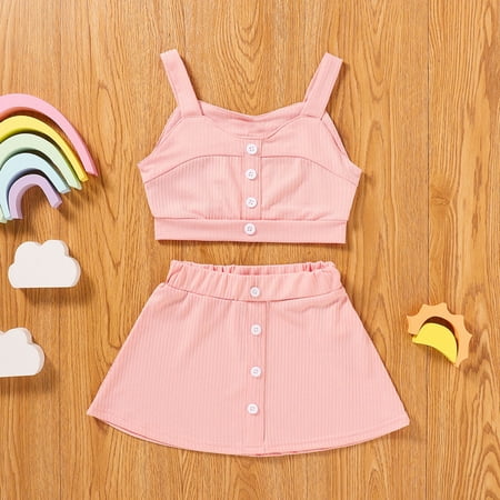 

Hunpta Baby Kids Girl s Outfits Solid Color Ribbed Sleeveless Casual Button Suspender Tank Tops+Solid Skirts 2PCS Clothes Set