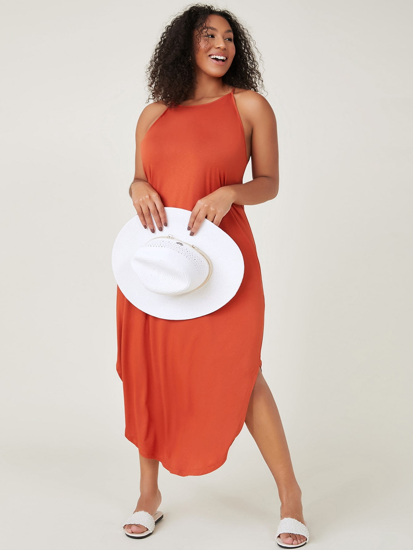 Curved Hem Solid Slip Dress 