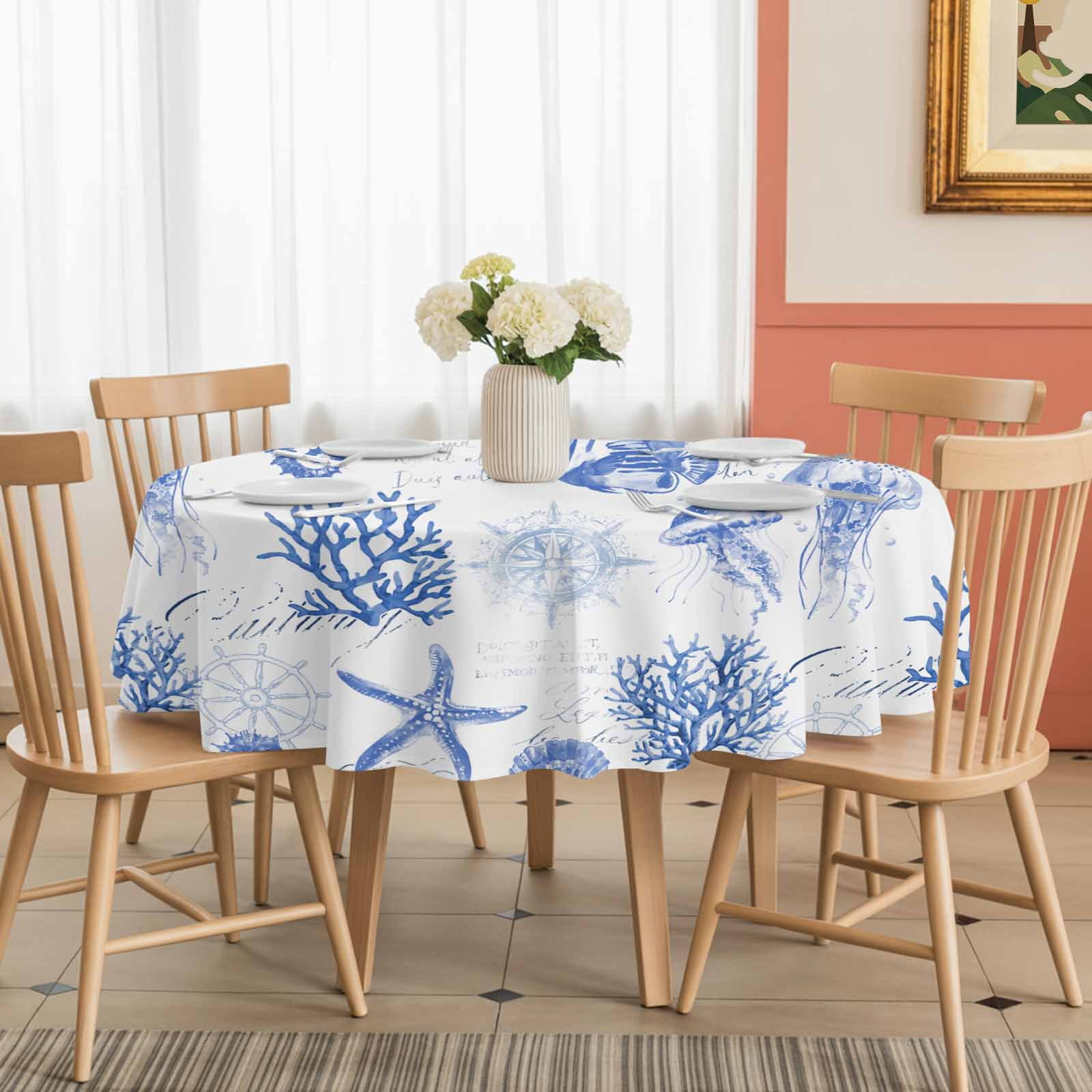 Round Tablecloth Watercolor Coastal Waterproof Oil Proof Polyester Table Cloth Cover Decor for Home Dining Outdoor,Patio,Parties, 60" Dia. Seahorse Starfish Pattern Blue