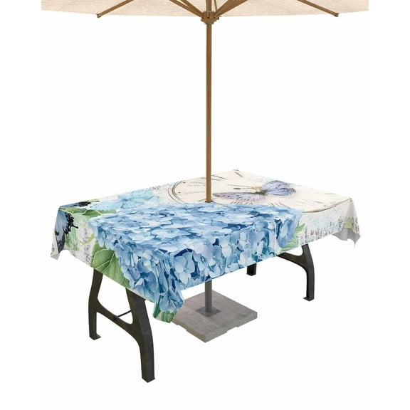 nqOlkjepod Blue Vintage Hydrangea Outdoor Tablecloth with Umbrella Hole & Zipper, Spring Retro Clock Butterfly Rectangle Table Cover 54x80 Inch, Dining Waterproof Table Cloth Protector for Patio