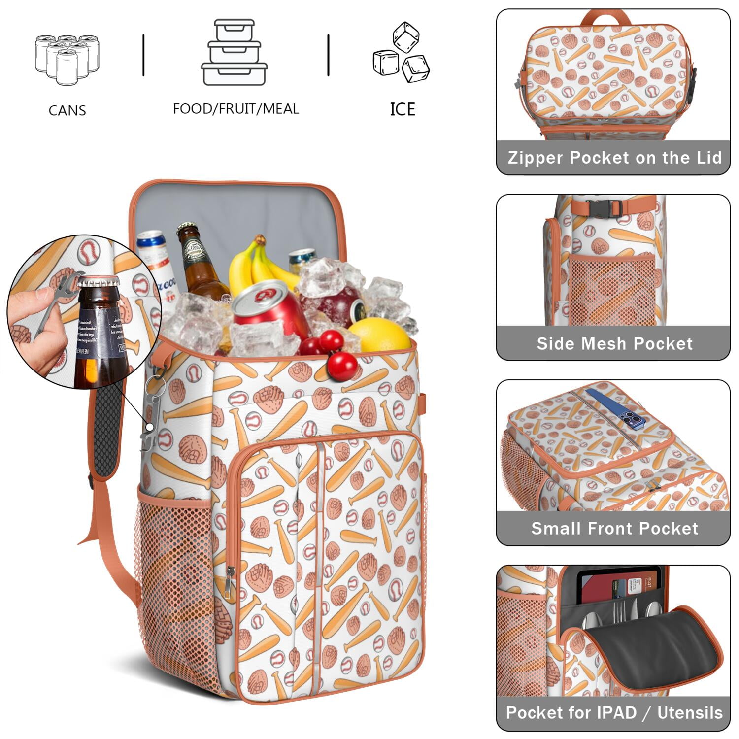 Travel Cooler Bag - White Orange Baseball Gear Pattern Camping Beer Cooler Backpack with Bottle Opener- Waterproof Insulated Picnic Backpacks - Cooler Bag for Beach