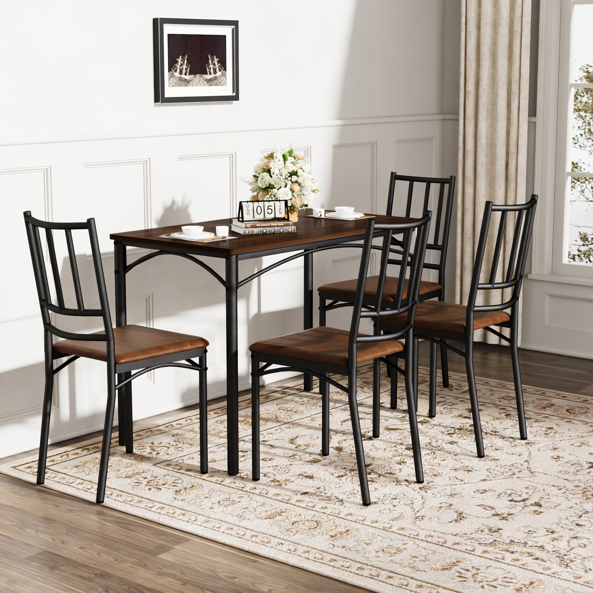Aukfa 5-Piece Industrial Dining Table Set for 4, Kitchen Table and Chairs with PU Cushioned Seats, Brown