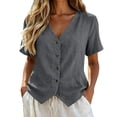 thumbnail image 2 of Nooxsoe Womens Cotton Linen Button Down Shirts V Neck Collarless Short Sleeve Full Wooden Button Front Curved Hem Breathable Gauze Blouse for Summer Office Beach Vacation Outfits Gray S, 2 of 5