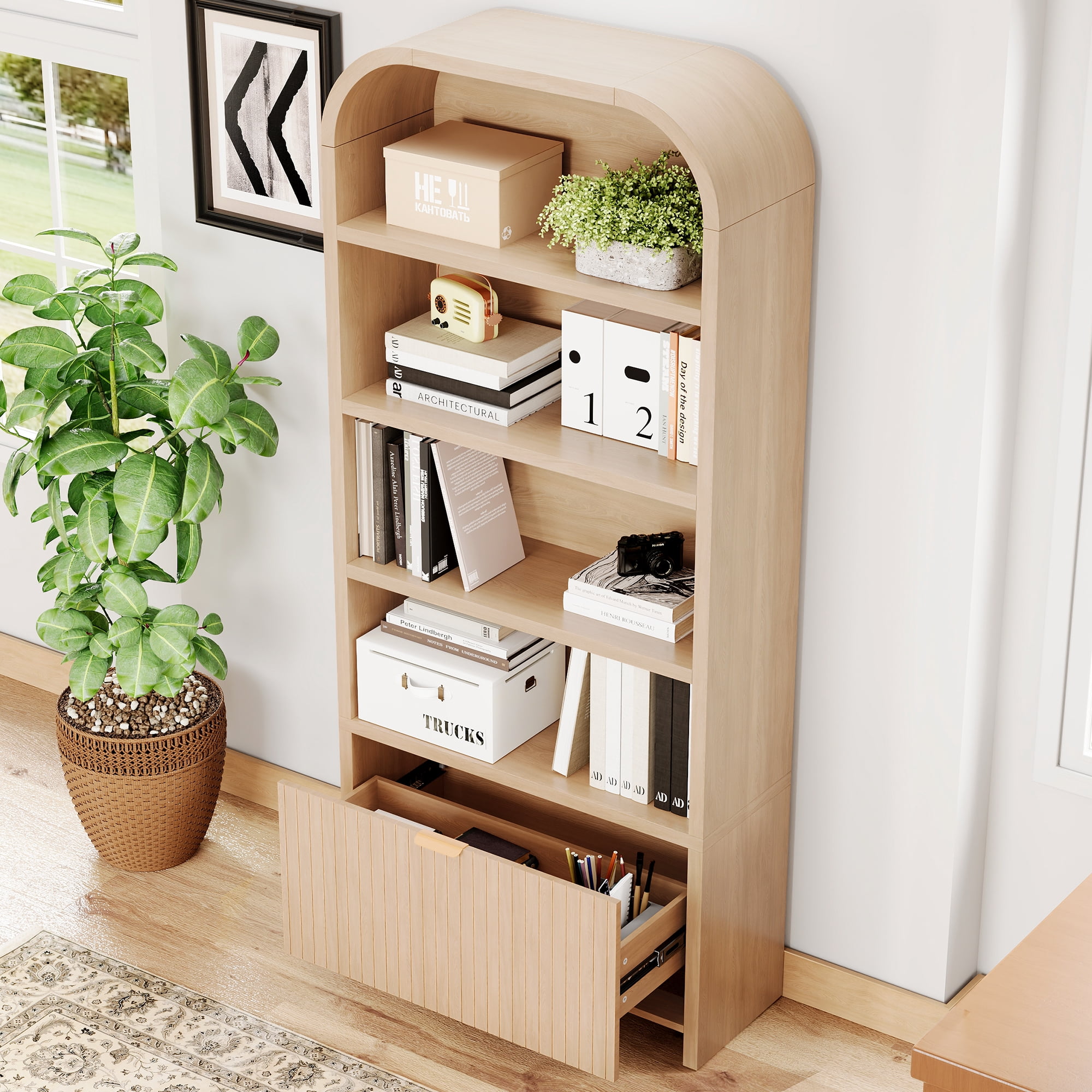 YOCWO 70" Tall Arched Bookcases with 1 Large Drawers & 4 Shelves, Wooden Bookshelf with Carved Line and Curved Top for Living Room Office, Natural