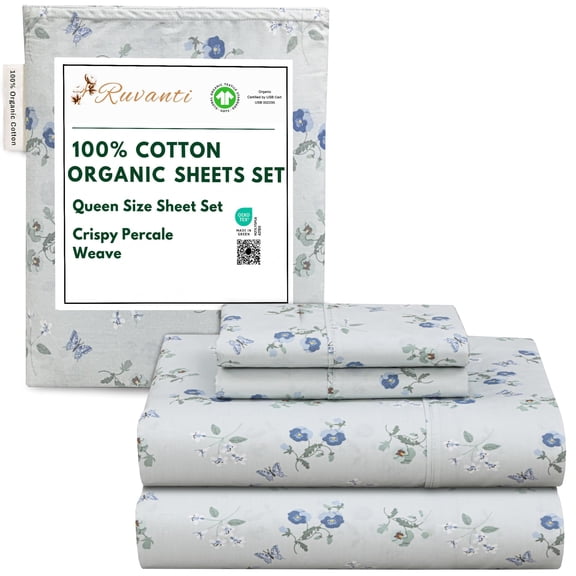 RUVANTI 100% Organic Cotton Sheets - Queen Sheet Set - 4 Piece Percale Weave Bedding, Crisp, Cooling & Breathable, Soft & Durable, 15" Deep Pocket, Hotel Quality Sábanas - Butter Flight